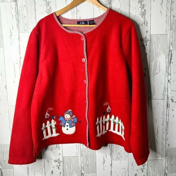 Women’s CB Casual Size XL Red Fleece Christmas Sweater Trim Snowman Picket Fence - Picture 1 of 5